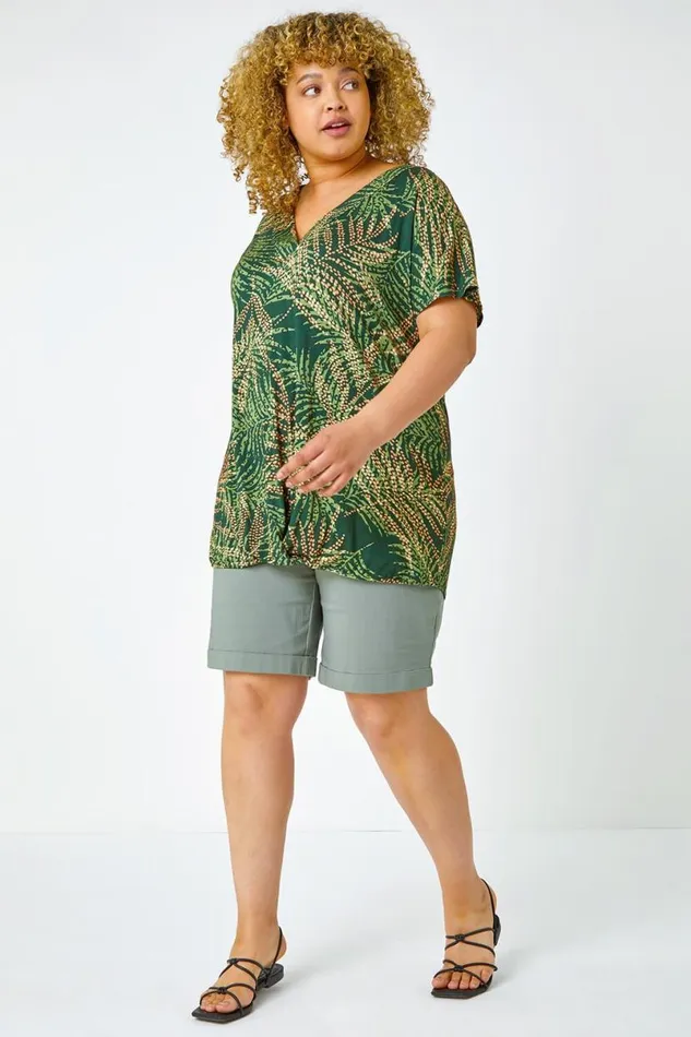 Khaki Curve Elastic Waist Turn Hem Stretch Shorts Women Roman Coords