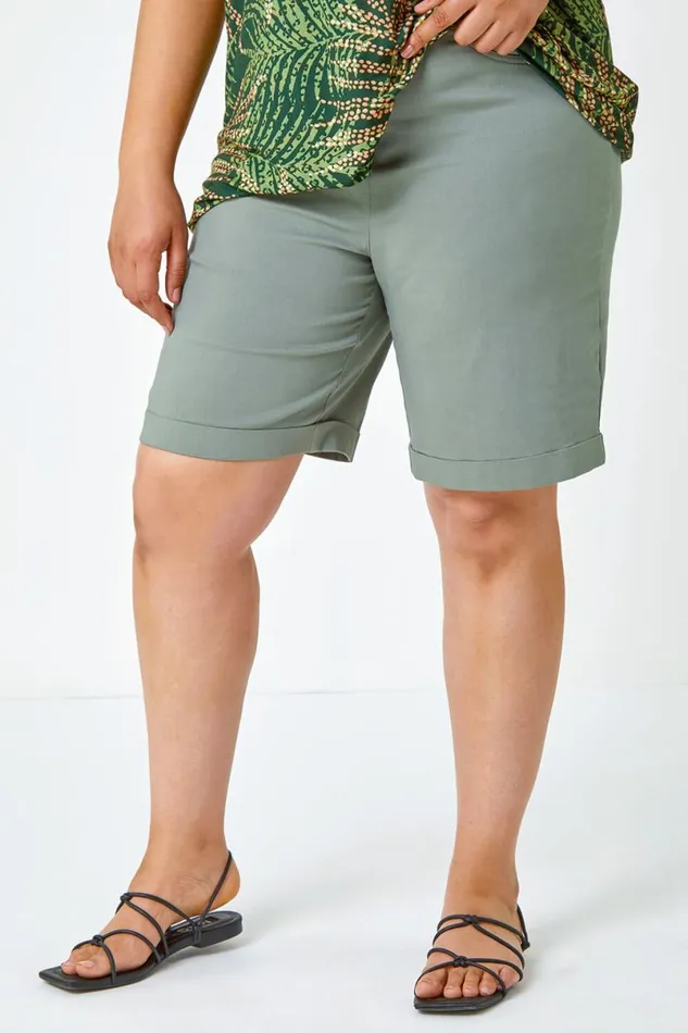 Khaki Curve Elastic Waist Turn Hem Stretch Shorts Women Roman Coords