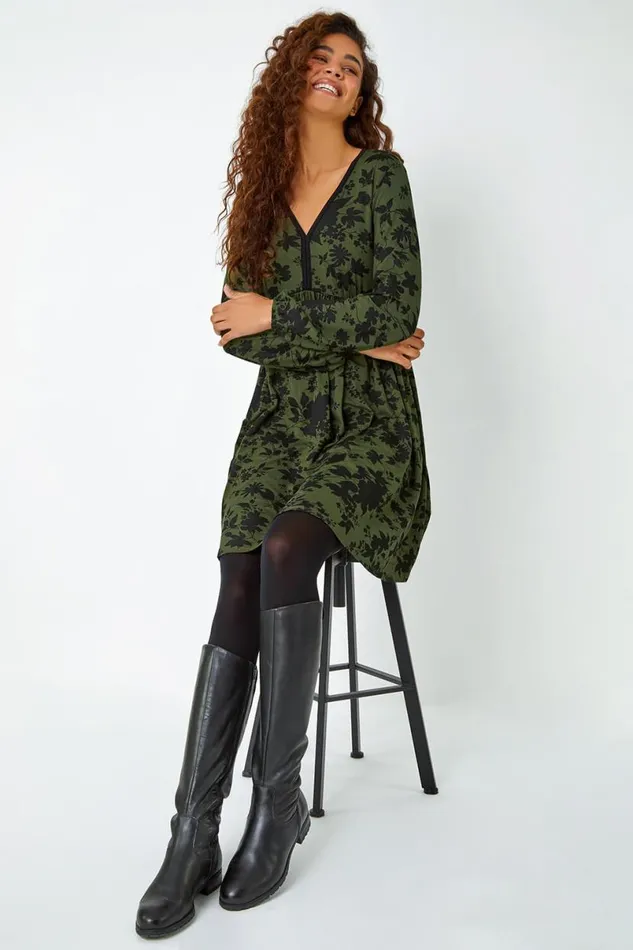 Khaki Floral Contrast Trim Stretch Dress Women Roman Dresses