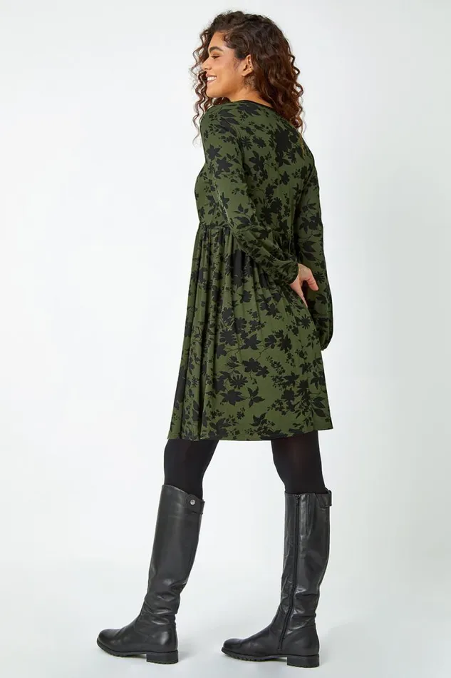 Khaki Floral Contrast Trim Stretch Dress Women Roman Dresses