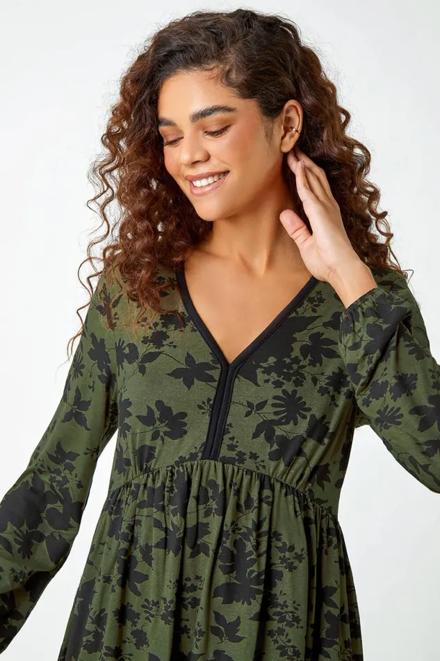 Khaki Floral Contrast Trim Stretch Dress Women Roman Dresses