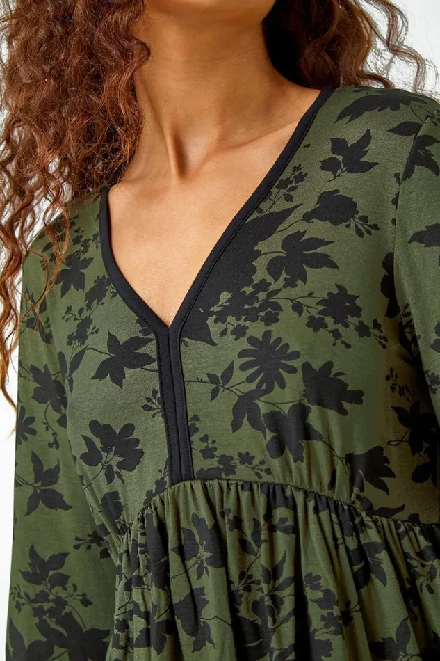 Khaki Floral Contrast Trim Stretch Dress Women Roman Dresses