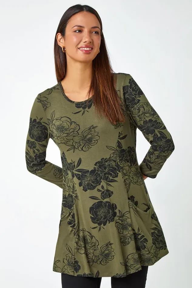 Khaki Floral Print Pocket Swing Stretch Top Women Roman Tops