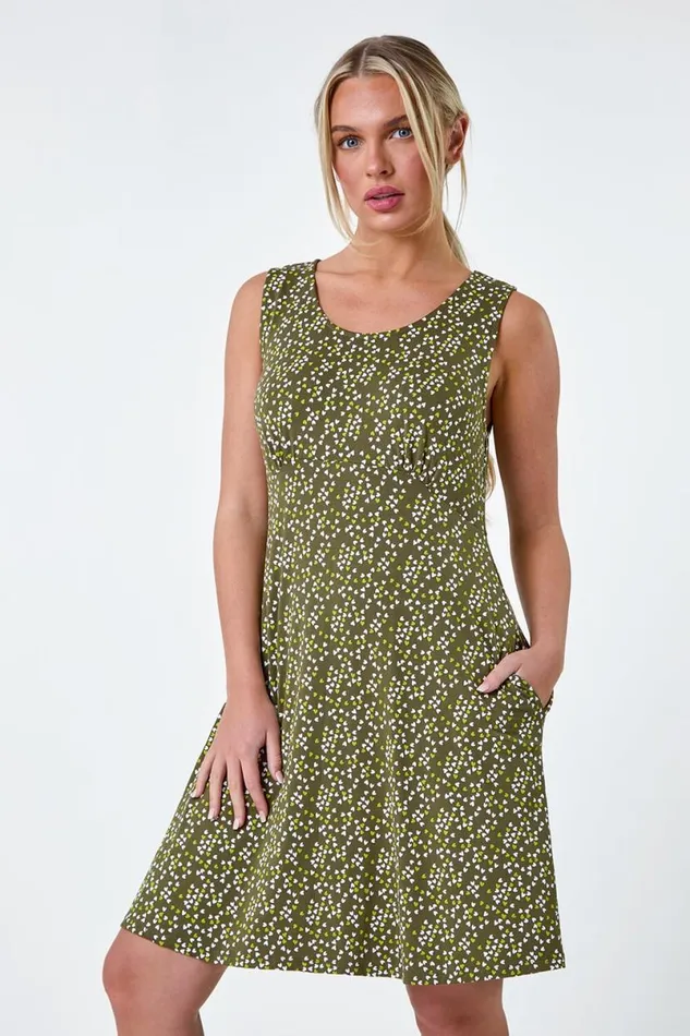 Khaki Petite Heart Print Stretch Dress Women Roman Dresses