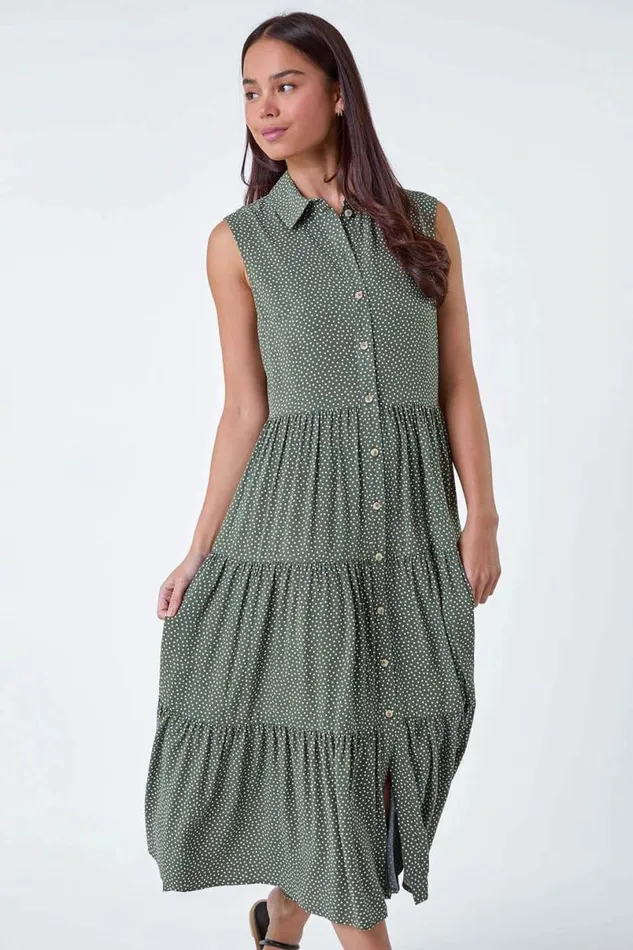 Khaki Petite Polka Dot Midi Shirt Dress Women Roman Dresses
