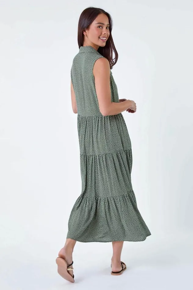 Khaki Petite Polka Dot Midi Shirt Dress Women Roman Dresses