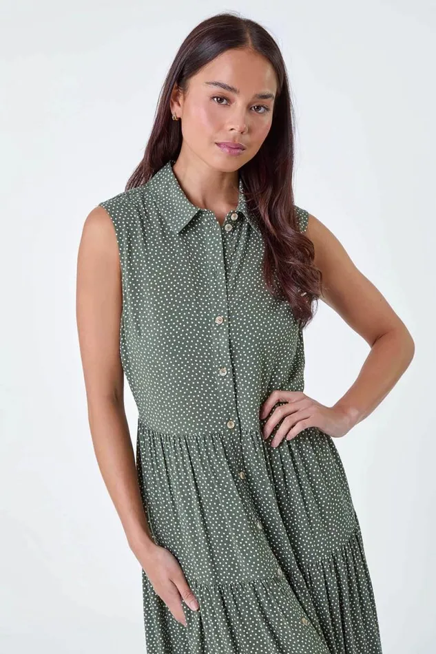 Khaki Petite Polka Dot Midi Shirt Dress Women Roman Dresses