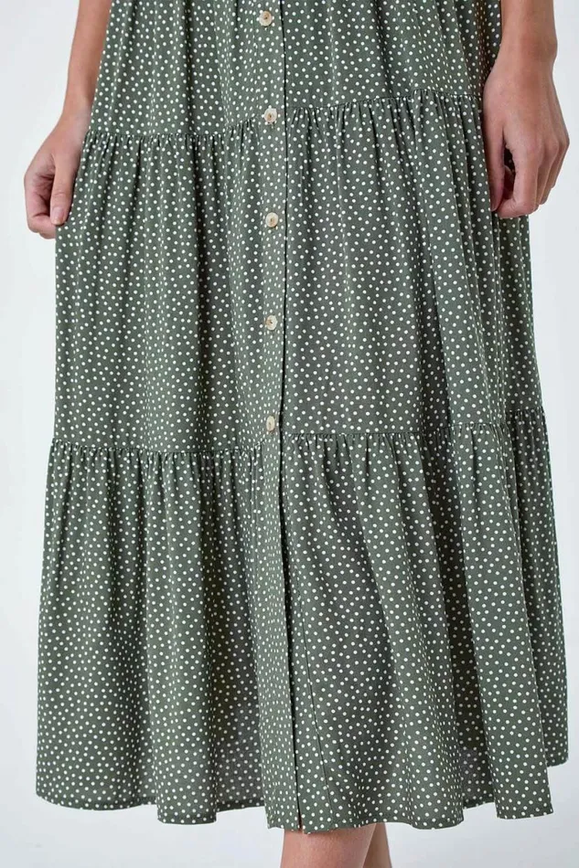 Khaki Petite Polka Dot Midi Shirt Dress Women Roman Dresses