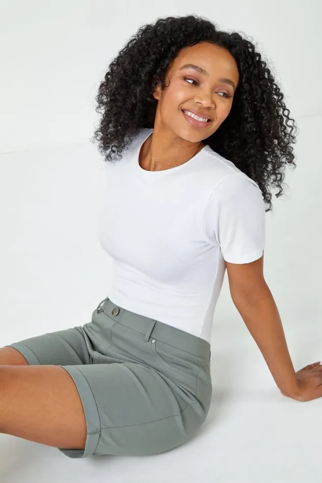 Khaki Petite Turned Hem Elastic Waist Shorts Women Roman Shorts