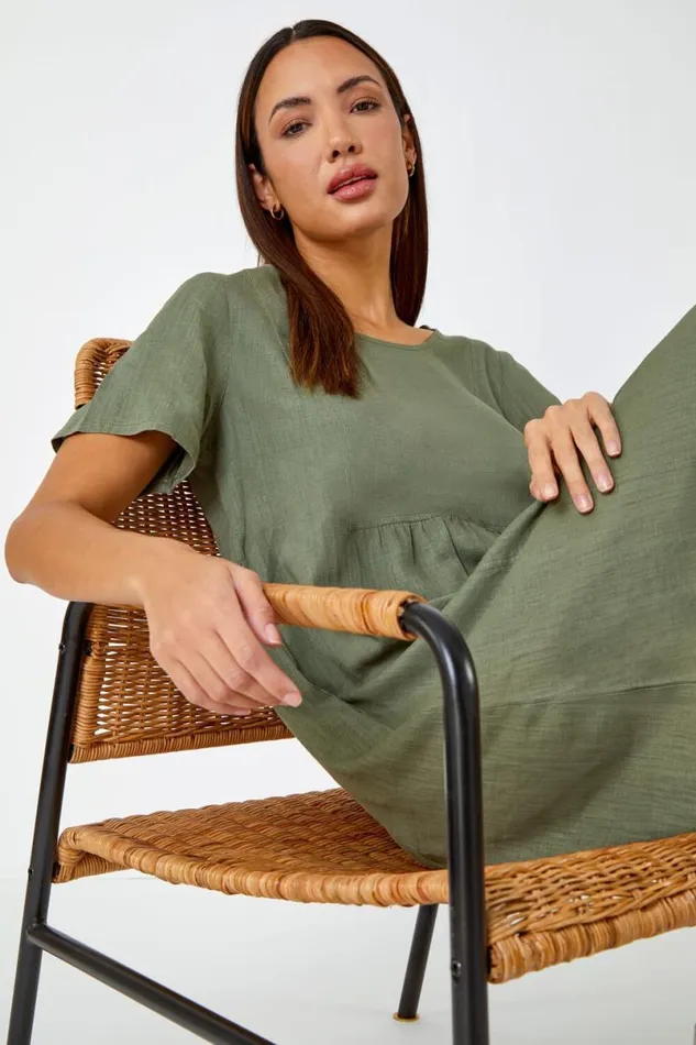 Khaki Relaxed Cotton Blend Pocket Dress Women Roman Dresses
