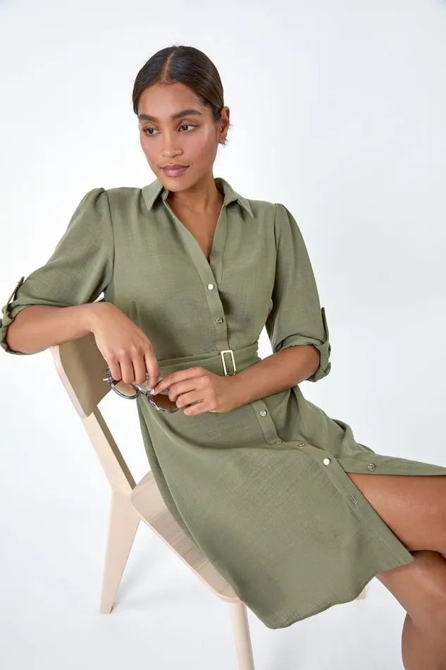 Khaki Short Belted Shirt Dress Women Roman Dresses