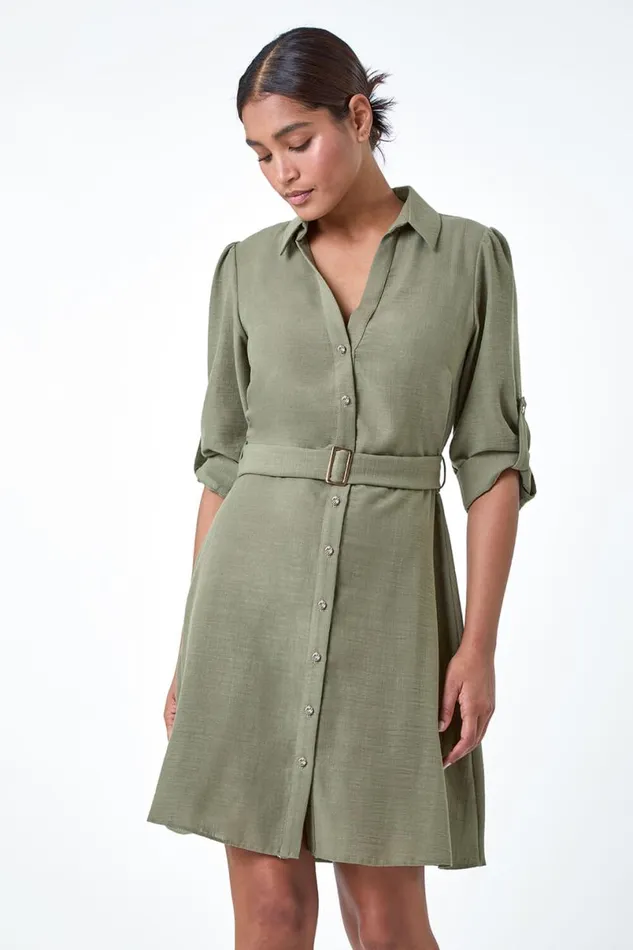 Khaki Short Belted Shirt Dress Women Roman Dresses
