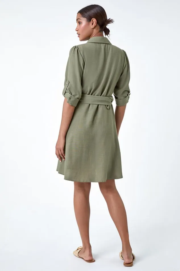 Khaki Short Belted Shirt Dress Women Roman Dresses