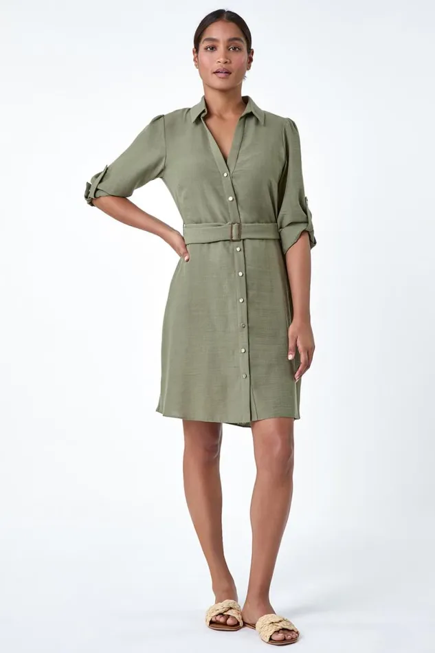 Khaki Short Belted Shirt Dress Women Roman Dresses