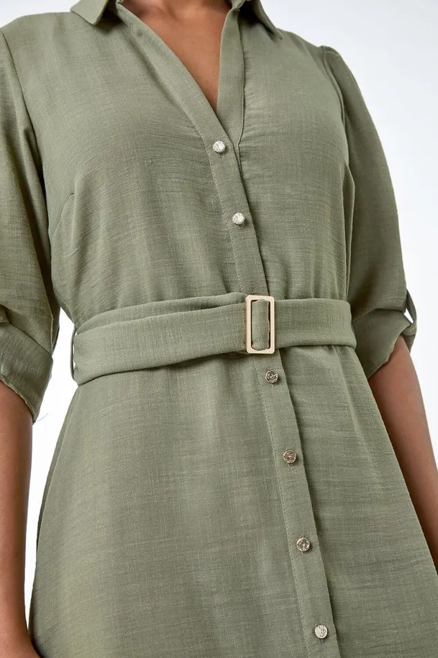 Khaki Short Belted Shirt Dress Women Roman Dresses