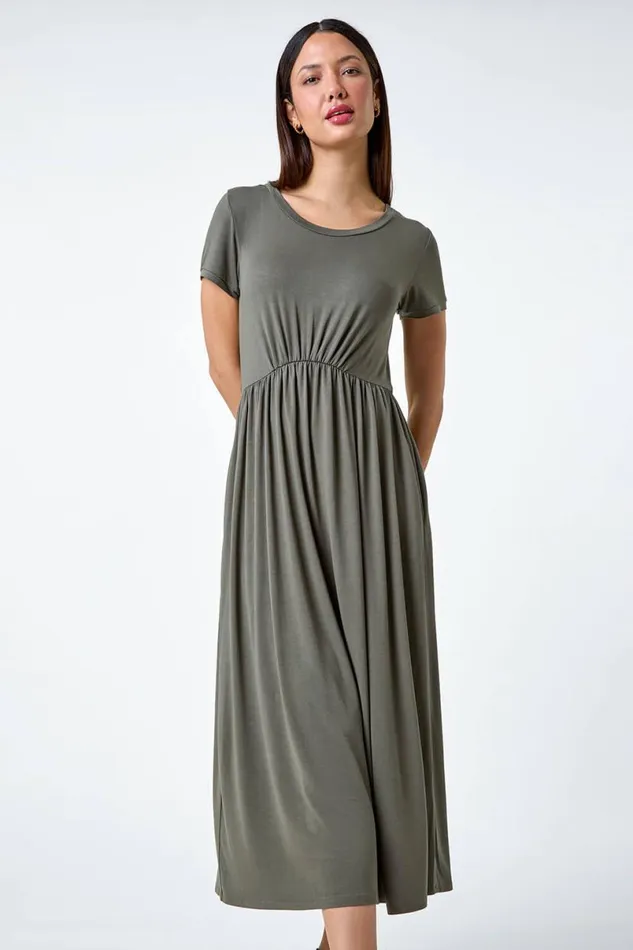 Khaki Stretch Gathered Pocket TShirt Dress Women Roman Dresses