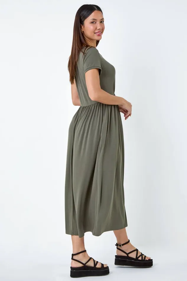 Khaki Stretch Gathered Pocket TShirt Dress Women Roman Dresses