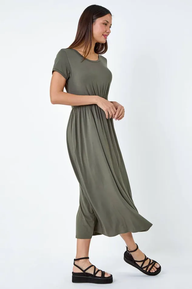 Khaki Stretch Gathered Pocket TShirt Dress Women Roman Dresses