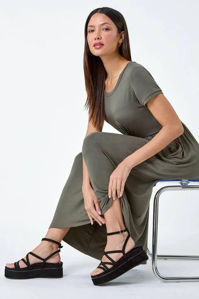Khaki Stretch Gathered Pocket TShirt Dress Women Roman Dresses