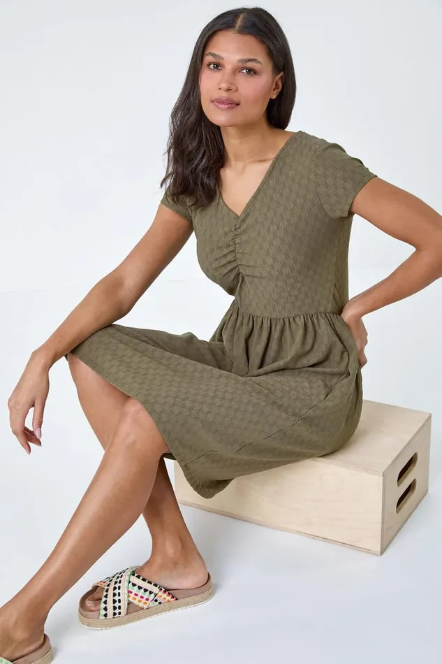 Khaki Textured Ruched Stretch Jersey Dress Women Roman Dresses