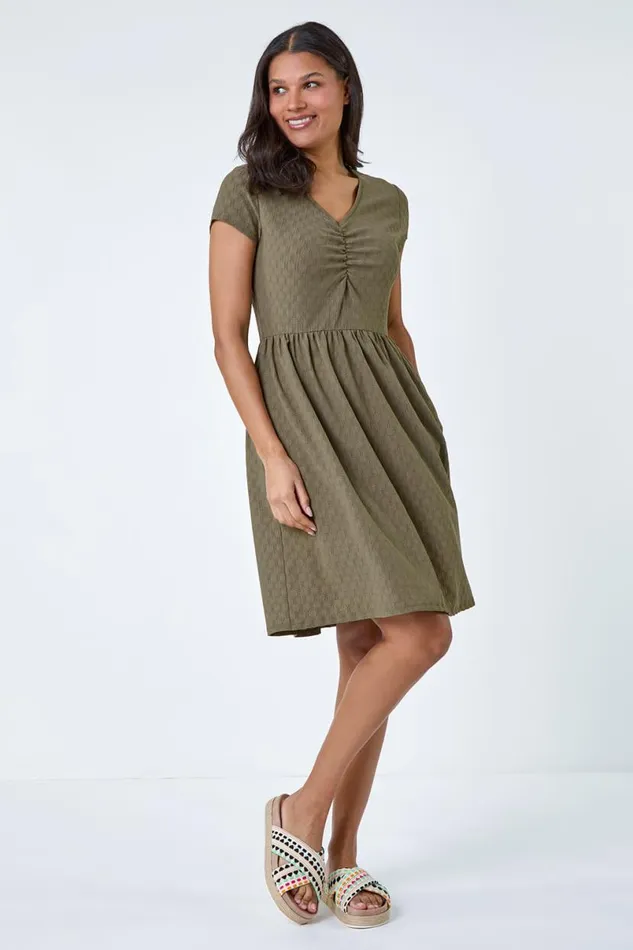 Khaki Textured Ruched Stretch Jersey Dress Women Roman Dresses