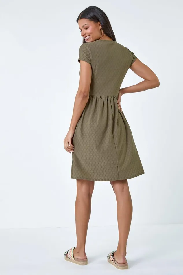 Khaki Textured Ruched Stretch Jersey Dress Women Roman Dresses