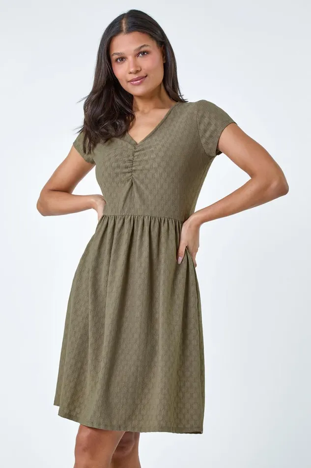 Khaki Textured Ruched Stretch Jersey Dress Women Roman Dresses