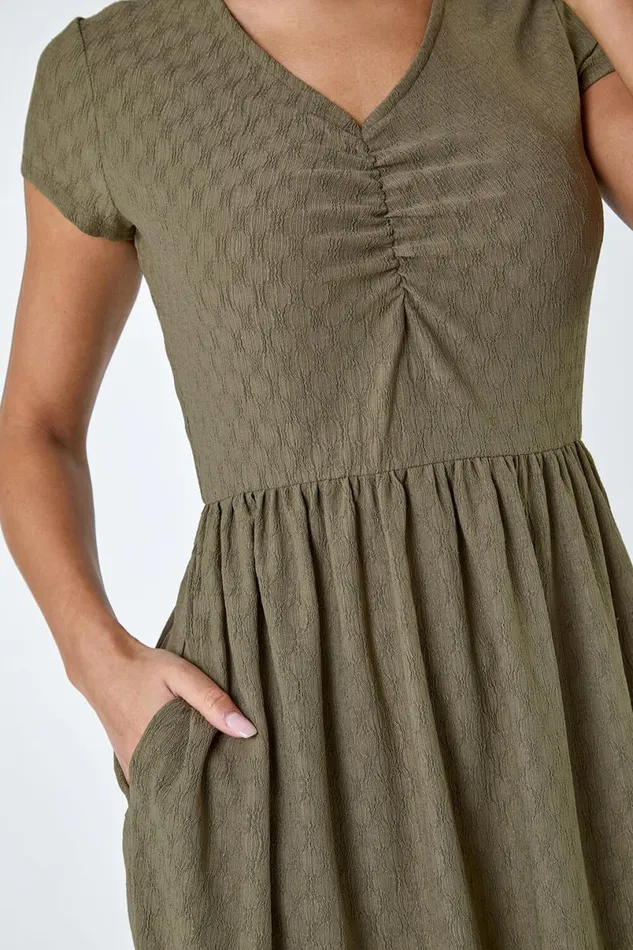 Khaki Textured Ruched Stretch Jersey Dress Women Roman Dresses
