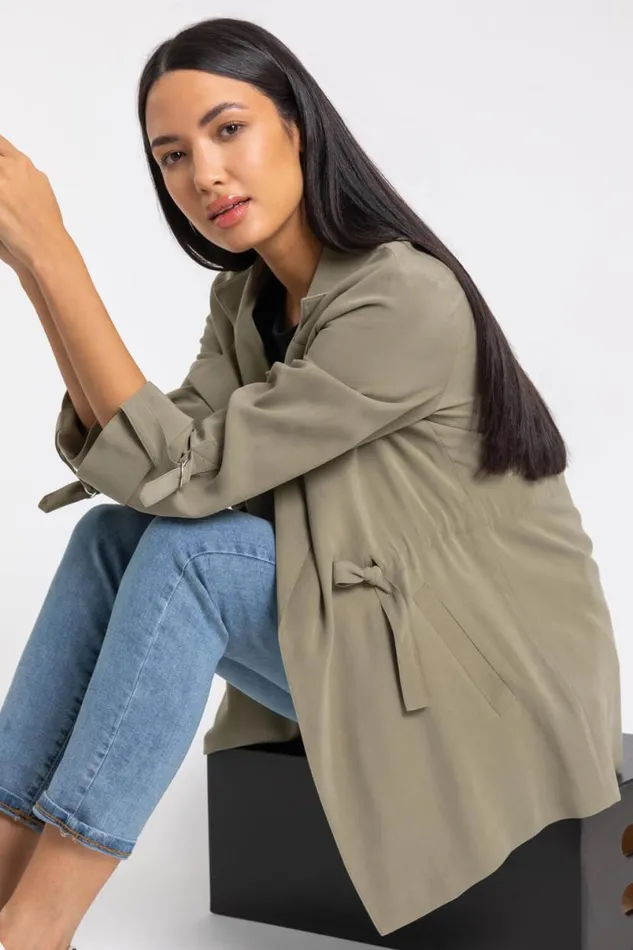 Khaki Tie Waist Longline Jacket Women Roman Jackets