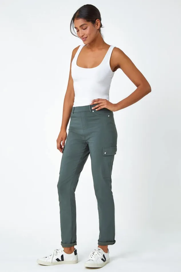Khaki Turn Up Stretch Cargo Trousers Women Roman Trousers
