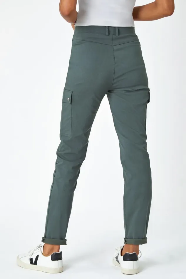 Khaki Turn Up Stretch Cargo Trousers Women Roman Trousers