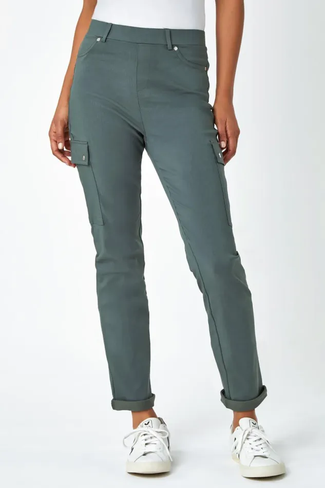 Khaki Turn Up Stretch Cargo Trousers Women Roman Trousers