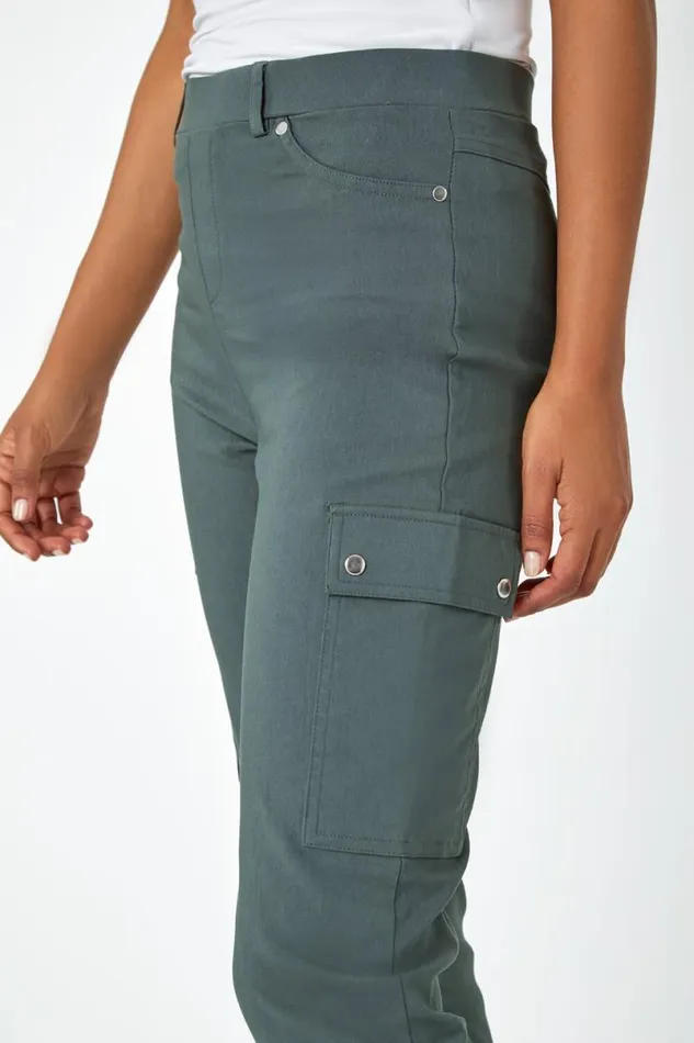 Khaki Turn Up Stretch Cargo Trousers Women Roman Trousers