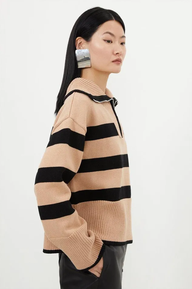 Knitwear Women Karen Millen Cotton Zip Collar Knit Stripe Jumper Camel