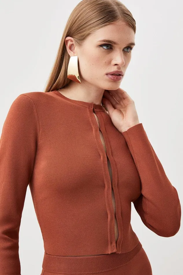 Knitwear Women Karen Millen Viscose Blend Body Contouring Knit Cardigan Toffee Knitwear Women Karen Millen Viscose Blend Body Contouring Knit Cardigan Toffee
