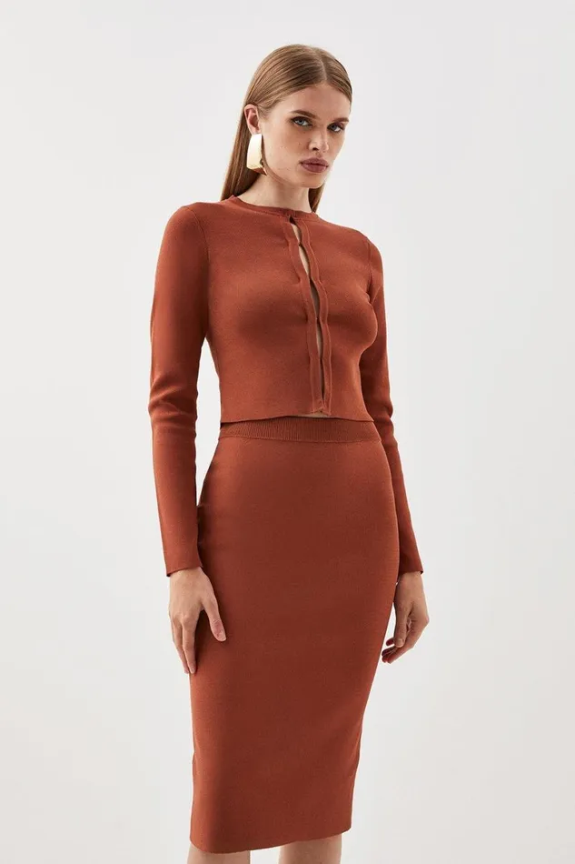 Knitwear Women Karen Millen Viscose Blend Body Contouring Knit Cardigan Toffee