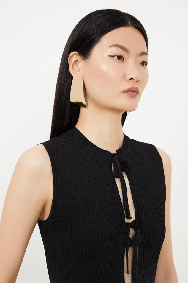 Knitwear Women Karen Millen Viscose Blend Tie Front Rib Knit Top Black