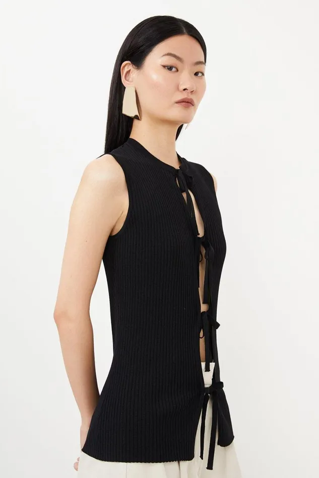 Knitwear Women Karen Millen Viscose Blend Tie Front Rib Knit Top Black