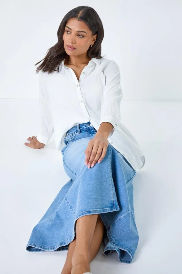 Light Blue Cotton Blend Denim A Line Maxi Skirt Women Roman Skirts