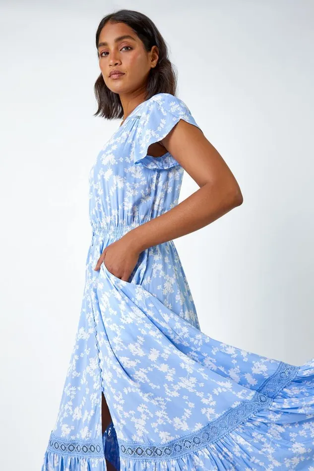 Light Blue Floral Lace Detail Midi Dress Women Roman Dresses