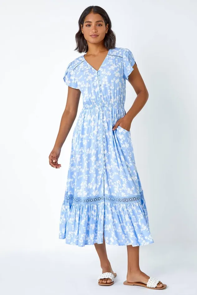 Light Blue Floral Lace Detail Midi Dress Women Roman Dresses