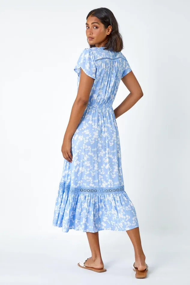Light Blue Floral Lace Detail Midi Dress Women Roman Dresses