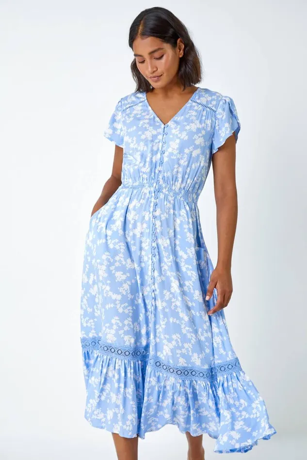 Light Blue Floral Lace Detail Midi Dress Women Roman Dresses