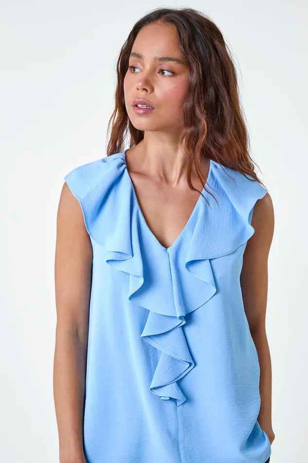 Light Blue Petite Frill Front Vest Top Women Roman Tops