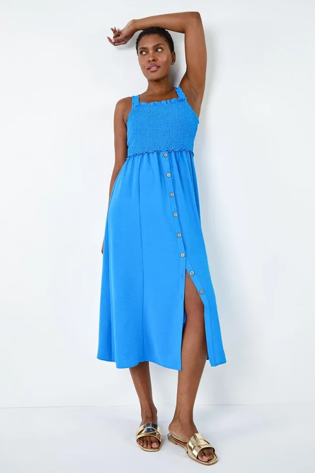 Light Blue Plain Shirred Button Detail Midi Dress Women Roman Dresses