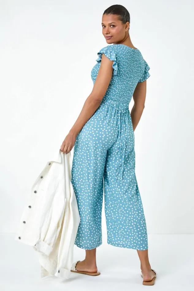 Light Blue Polka Dot Shirred Pocket Jumpsuit Women Roman Dresses