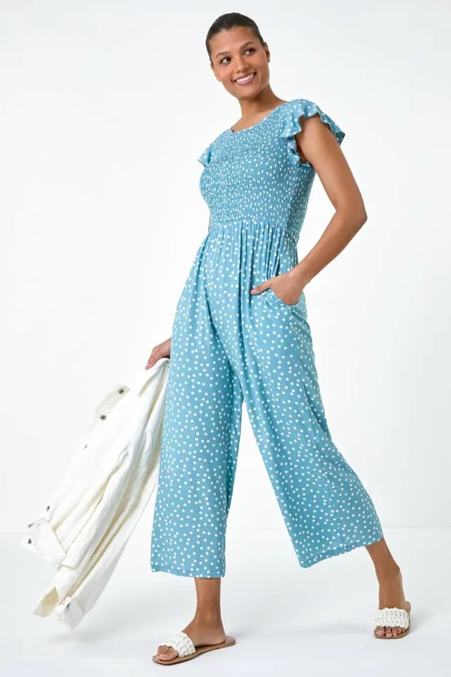 Light Blue Polka Dot Shirred Pocket Jumpsuit Women Roman Dresses