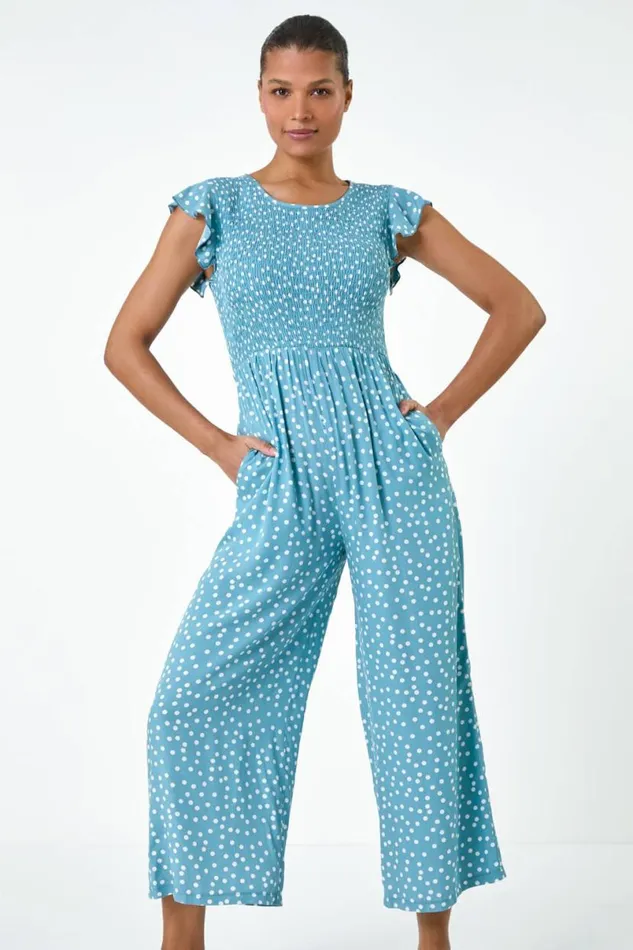 Light Blue Polka Dot Shirred Pocket Jumpsuit Women Roman Dresses