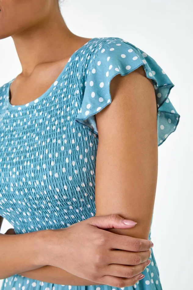 Light Blue Polka Dot Shirred Pocket Jumpsuit Women Roman Dresses