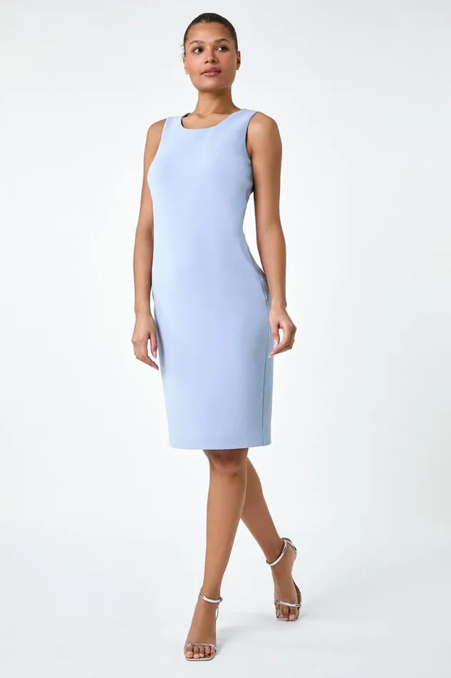 Light Blue Textured Stretch Bodycon Dress Women Roman Dresses